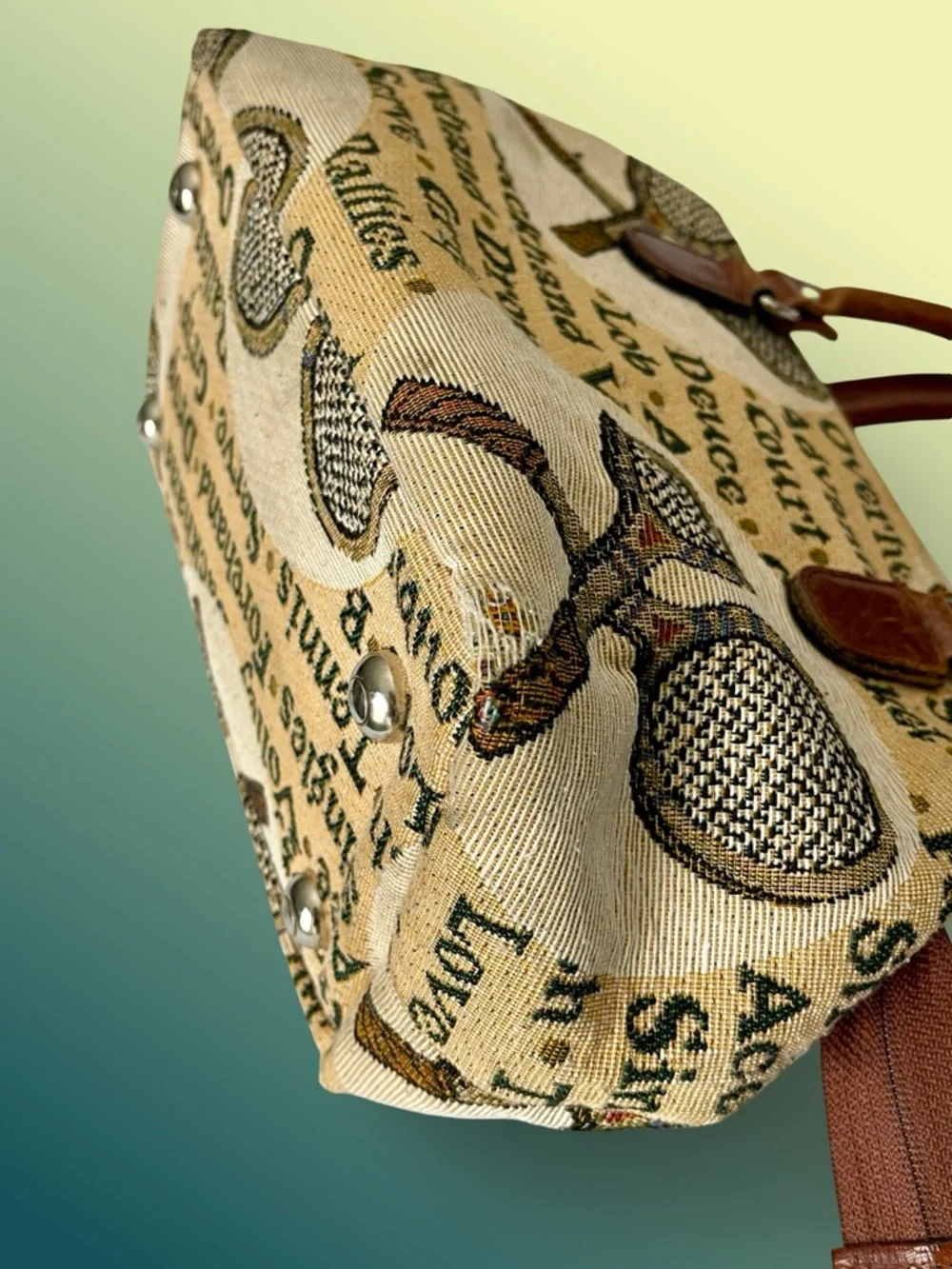 Ravini Tennis Themed Country Club Tapestry Dual Handle Zip Close Satchel Handbag
